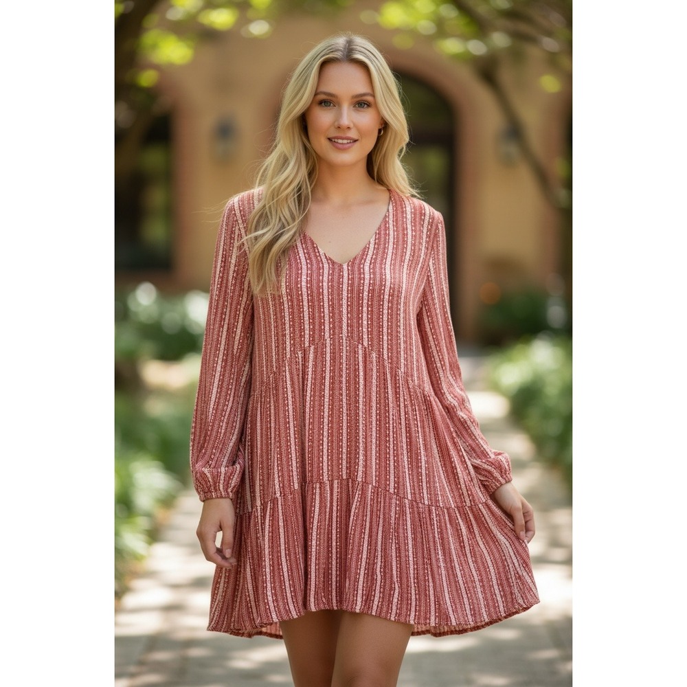 Peach Love California Babydoll Dress Womens Small Rust Red Excellent Boho Tiered